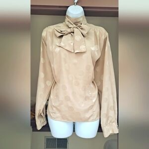 1990s EVAN PICONE Metallic Scarf Tie Tan Polka Dot Blouse Long Sleeve Fall